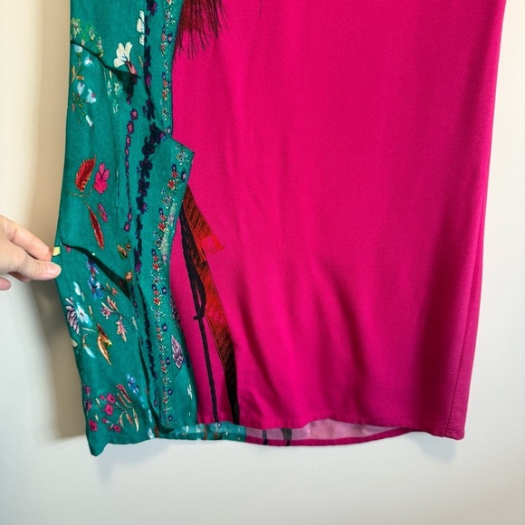 NWT DESIGUAL Pink & Teal Feather Print Shift Dress Women’s Size 2 - Picture 5 of 10